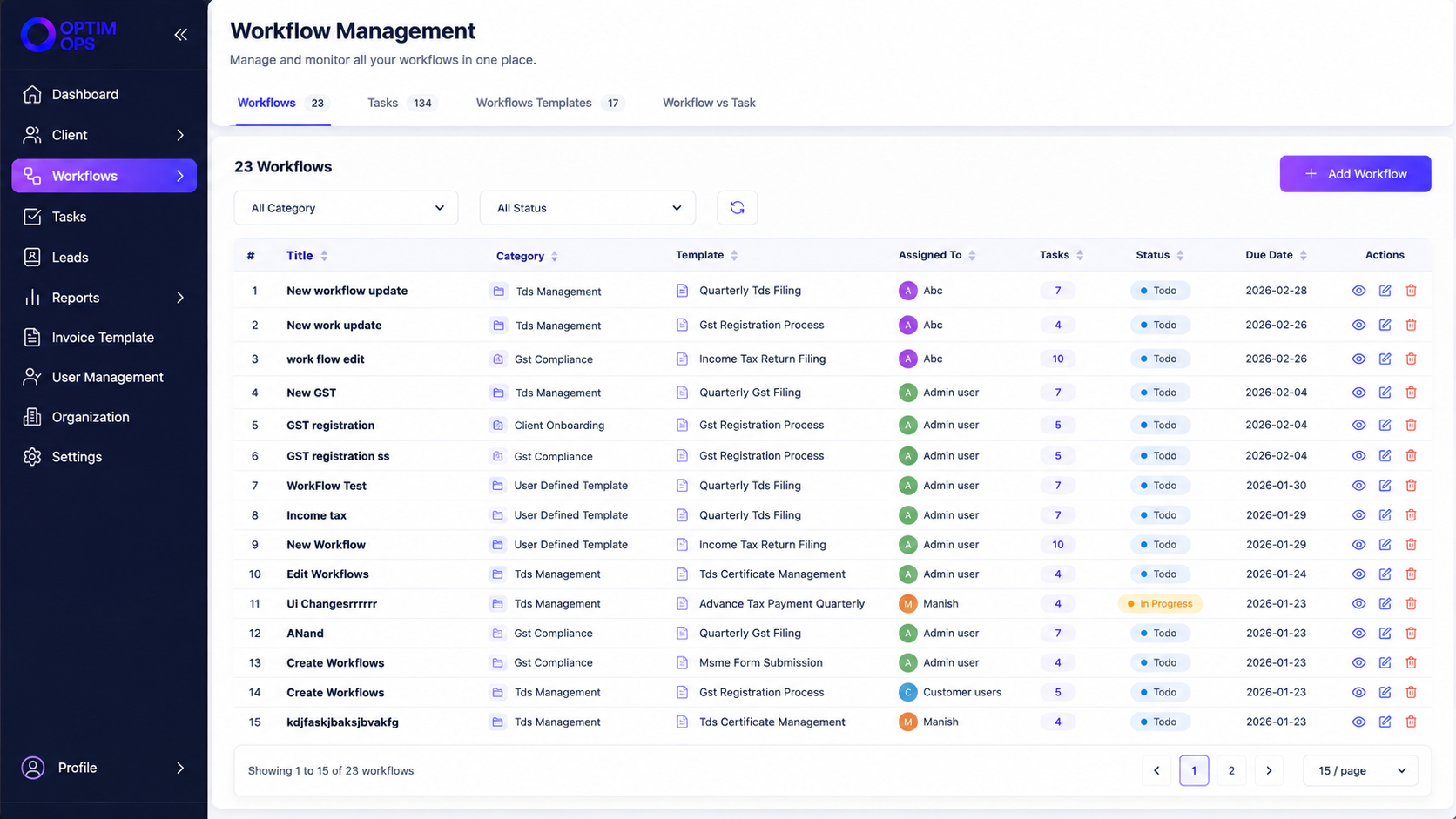 List of compliance workflow templates with task counts and durations